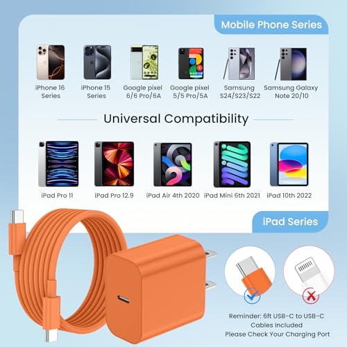 20W iPhone Charger Fast Charging 3-Pack with 6FT USB C to USB Cable, Orange - color: Orange