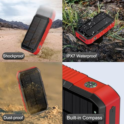 Solar Power Bank 66800mAh Built in Hand Crank for Camping and Hiking - color: red