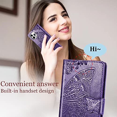 for iPhone 12 Pro/iPhone 12 Wallet Case,Women Flip Folio Cover with Butterfly Embossed PU Leather Kickstand Credit Card Holder Slots Wrist Strap for iPhone 12/12 Pro 6.1 inch (Purple) - color: Purple