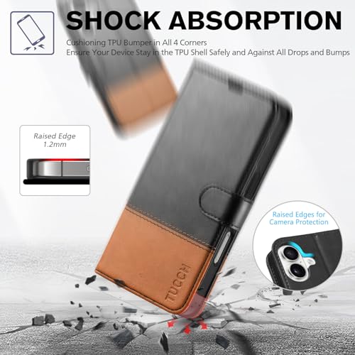 TUCCH Wallet Case for iPhone 16 (6.1") 2024, Flip Stand, Black & Brown | RFID Blocking, 4 Card Holders, Kickstand, PU Leather, Shockproof TPU Shell, Magnetic Closure, Protective Folio Cover - color: Two-tone Black & Brown