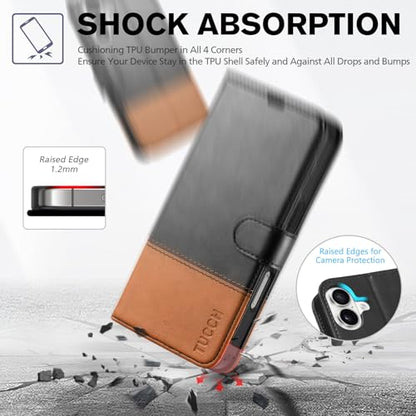 TUCCH Wallet Case for iPhone 16 (6.1") 2024, Flip Stand, Black & Brown | RFID Blocking, 4 Card Holders, Kickstand, PU Leather, Shockproof TPU Shell, Magnetic Closure, Protective Folio Cover - color: Two-tone Black & Brown