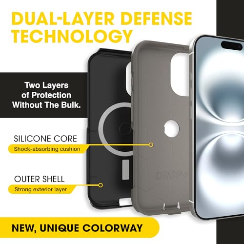 OtterBox iPhone 16 – Commuter Series Slim MagSafe Case - Black Ash | 3X Military Drop Protection - Dual-Layer Design - Pocket-Friendly - Raised Edges - Port Covers - color: Black Ash (Black/Grey), style: iPhone 16