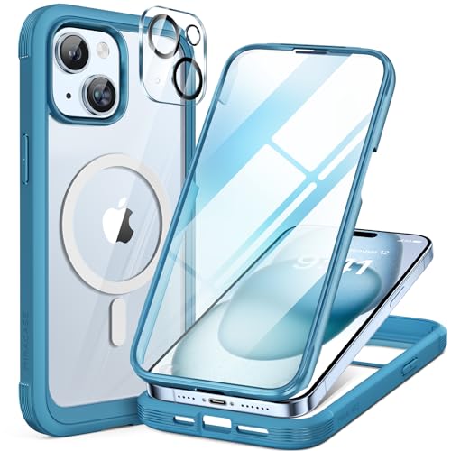 Miracase Glass Series for iPhone 15 Case [Compatible with MagSafe] Full-Body Magnetic Bumper Case with Built-in 9H Tempered Glass Anti-Fingerprint Screen Protector + Camera Lens Protector, Sea Blue - color: Magnetic Blue, size: iPhone 15