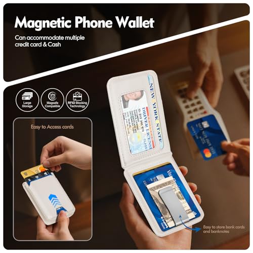 Shieldtop RFID Blocking MagSafe Wallet Stand with Card Holder,5 Card Slots & ID Window,PU Leather Magnetic Adjustable Kickstand for iPhone 12/13/14/15/16/17 Pro Max & Air Plus Series,White - color: White