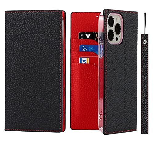 iCoverCase Compatible with iPhone 13 Pro Wallet Case, RFID Blocking Genuine Leather Magnetic Case with Wrist Strap and Card Slots Kickstand Feature Flip Cover 6.1 Inch (Black) - color: Black, size: iPhone 13 Pro