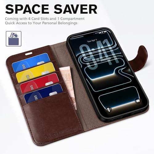 TUCCH Wallet Case for iPhone 17 Pro 6.3" 2025, Flip Stand, Chocolate Brown | RFID Blocking, 4 Card Holders, Kickstand, PU Leather, Shockproof TPU Shell, Magnetic Closure, Protective Folio Cover - color: Chocolate Brown
