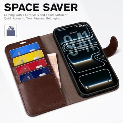 TUCCH Wallet Case for iPhone 17 Pro 6.3" 2025, Flip Stand, Chocolate Brown | RFID Blocking, 4 Card Holders, Kickstand, PU Leather, Shockproof TPU Shell, Magnetic Closure, Protective Folio Cover - color: Chocolate Brown