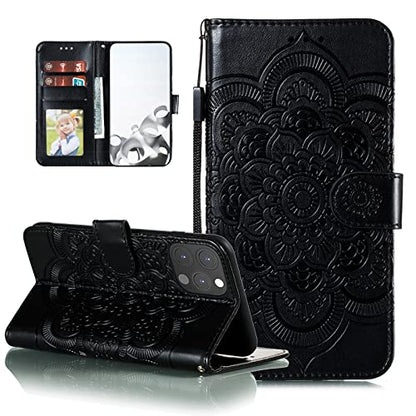 EYZUTAK Case for iPhone 13 Pro Max, Premium PU Leather Magnetic Flip Wallet Case with Card Holder Cash Slot Lanyard Strap Kickstand Function Embossed Mandala Flower Pattern Shockproof Cover - Black - color: Black, size: iPhone 13 Pro Max