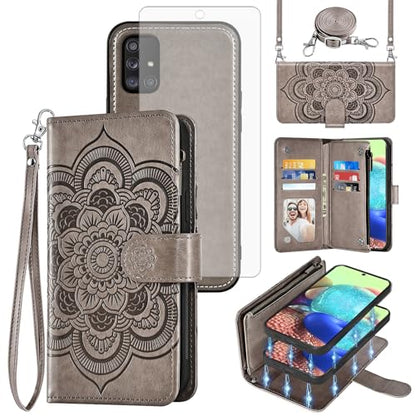 Asuwish Phone Case for Samsung Galaxy A71 5G Zipper Wallet Magnetic Detachable Cell Cover with Tempered Glass Screen Protector Crossbody Strap Flower Card Holder Slot A 71 G5 71A S71 Women Girls Gray - color: Gray
