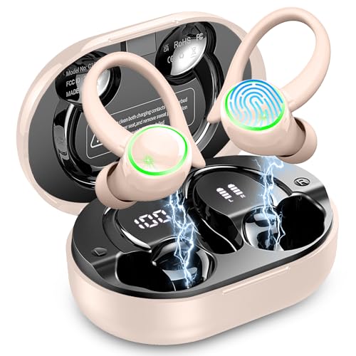 Matast Wireless Earbuds, Bluetooth 5.4 Headphones Sports, 50H Playback Over-Ear Buds with ENC Noise Cancelling Mic, 3D HiFi Stereo Fitness Earphones with Earhooks, IP7 Waterproof Headset for Runing - color: Shiny Pink