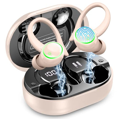 Matast Wireless Earbuds, Bluetooth 5.4 Headphones Sports, 50H Playback Over-Ear Buds with ENC Noise Cancelling Mic, 3D HiFi Stereo Fitness Earphones with Earhooks, IP7 Waterproof Headset for Runing - color: Shiny Pink