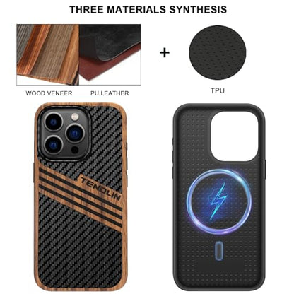 TENDLIN Magnetic Case Compatible with iPhone 15 Pro Case Wood Grain with Carbon Fiber Texture Design Leather Hybrid Slim Cover (Compatible with MagSafe) Three Stripe - color: Magnetic Three Stripe, size: iPhone 15 Pro