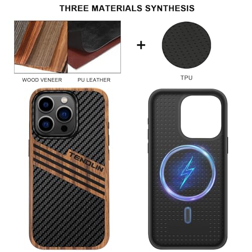 TENDLIN Magnetic Case Compatible with iPhone 15 Pro Case Wood Grain with Carbon Fiber Texture Design Leather Hybrid Slim Cover (Compatible with MagSafe) Three Stripe - color: Magnetic Three Stripe, size: iPhone 15 Pro
