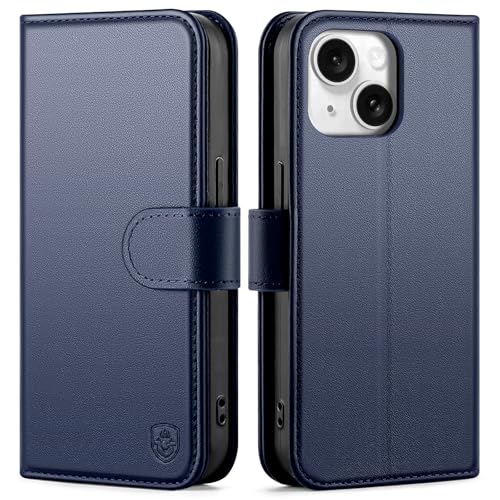 Compatible with iPhone 14 Genuine Leather Case Wallet with Card Holder,Women Men Real Leather Flip Folio RFID Blocking Credit Card Slots Kickstand Phone Cover,for Apple 14 6.1",Dark Blue - color: Dark Blue, size: iPhone 14 - 6.1"