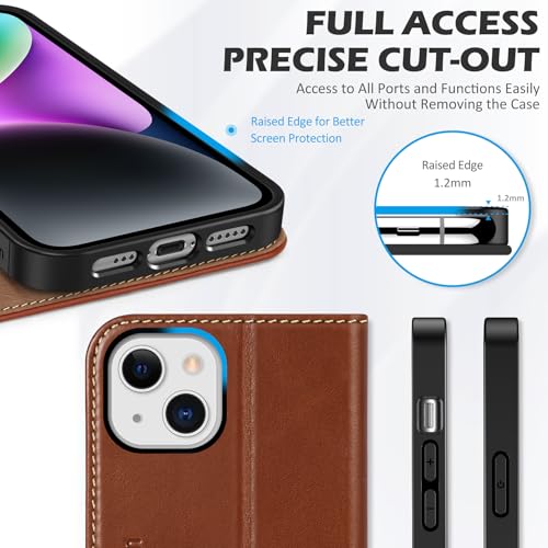 SHIELDON Genuine Leather Flip Wallet Case for iPhone 14 6.1", Retro Brown | Magnetic Closure, RFID Blocking, Credit Card Holder, Kickstand, Flip Design, Shockproof Protective Cover - color: Blown - Retro