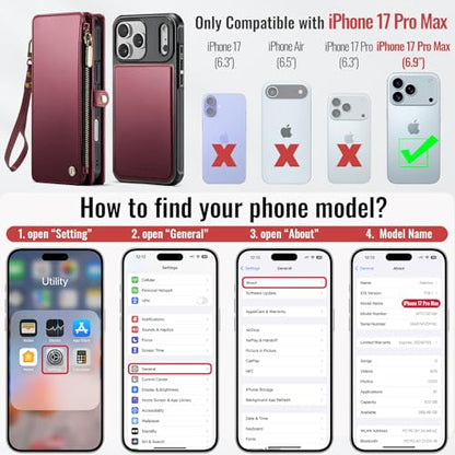 Defencase for iPhone 17 Pro Max Case Wallet Compatible with Magsafe, W-Red | Drop-Proof Magnetic Detachable Phone Cases Cover, with RFID Bolcking Card Holder, Zipper Strap, PU Leather, Removable Wallet - color: (Detachable with Magsafe)-Wine Red