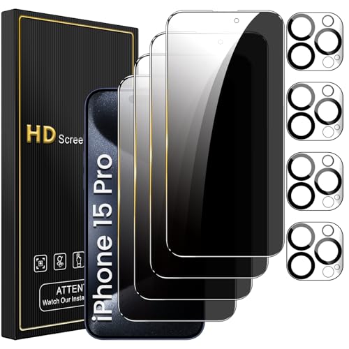 Romkasi 4 Pack Privacy Screen Protector for iPhone 15 Pro 6.1 Inch with 4 Pack Camera Lens Protector, Anti Spy Tempered Glass Film, Anti-Scratch, Touch Sensitive, Case Friendly - color: iPhone 15 Pro