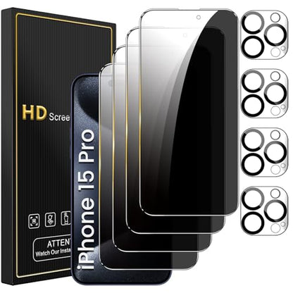 Romkasi 4 Pack Privacy Screen Protector for iPhone 15 Pro 6.1 Inch with 4 Pack Camera Lens Protector, Anti Spy Tempered Glass Film, Anti-Scratch, Touch Sensitive, Case Friendly - color: iPhone 15 Pro