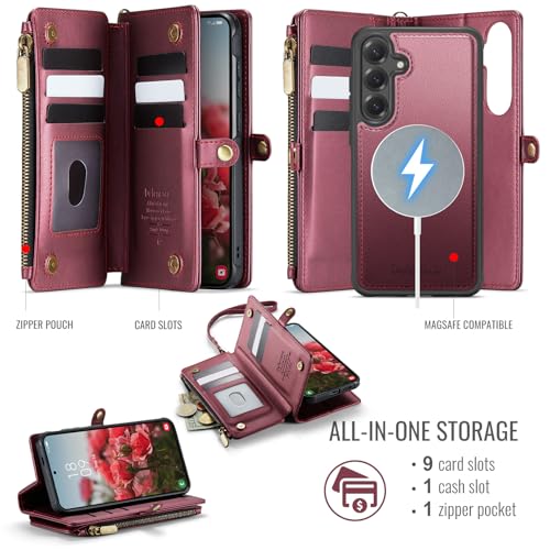 Defencase for Galaxy S25 Plus Case Wallet Compatible with Magsafe, Wine Red | Magnetic Detachable, RFID Bolcking Card Holder, Zipper Strap, PU Leather Drop-Proof Phone Cover for Samsung Galaxy S25+/Plus - color: (Detachable with Magsafe)-Wine Red