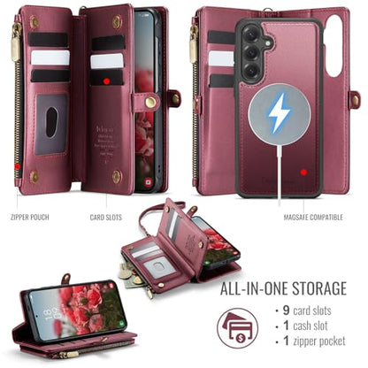 Defencase for Galaxy S25 Plus Case Wallet Compatible with Magsafe, Wine Red | Magnetic Detachable, RFID Bolcking Card Holder, Zipper Strap, PU Leather Drop-Proof Phone Cover for Samsung Galaxy S25+/Plus - color: (Detachable with Magsafe)-Wine Red