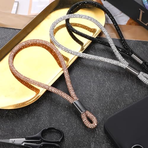 3 Pcs Bling Rhinestone Phone Wrist Strap Full Diamond Pendant Wrist Strap Bling Keychain Wristlet Lanyard for Women Phone Charms Case Straps with Tether Tab and Pad (Champagne, Silver, Black 7.48 In)