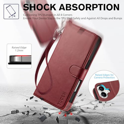 TUCCH Wallet Case with Wrist Strap for iPhone 16 (6.1") 2024, Dark Red | 4 Card Holders, RFID Blocking, Viewing Stand, Shockproof TPU Shell, PU Leather, Magnetic Closure, Folio Flip Cover - color: Strap - Dark Red