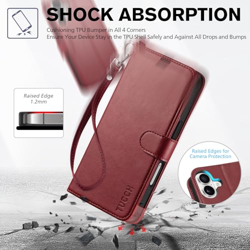 TUCCH Wallet Case with Wrist Strap for iPhone 16 (6.1") 2024, Dark Red | 4 Card Holders, RFID Blocking, Viewing Stand, Shockproof TPU Shell, PU Leather, Magnetic Closure, Folio Flip Cover - color: Strap - Dark Red