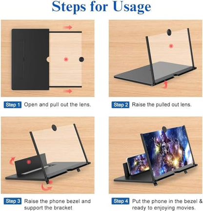 12" Screen Magnifier for Cell Phone – 3D HD Magnifing Screen Enlarger Projector for Movies Videos and Gaming – Foldable Phone Stand Holder with Screen Amplifier–Compatible with All Smartphones - color: Black-12''