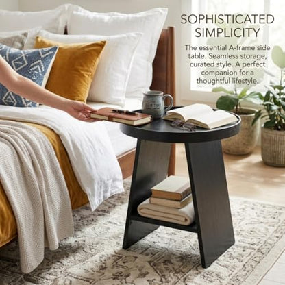 2-Tier Round End Table with 17.7 inch Tray Top, Black - color: Black