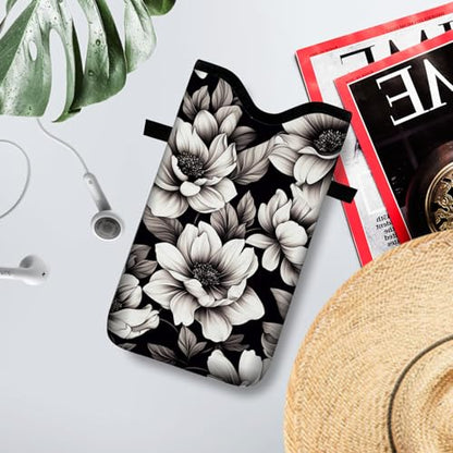 Neoprene Cell Phone Sleeve Pouch Case Bag with Crossbody Strap Neck Lanyard for Women 7.1 X 3.9 in Flower - color: Flower Black