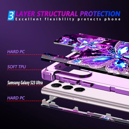 Miqala Compatible with Galaxy S23 Ultra 5G Case,Glow in The Dark Three Layer Heavy Duty Shockproof Protection Hard Plastic Bumper+Soft Silicone Case for Samsung Galaxy S23 Ultra,Dark - color: Dark Butterfly, size: Samsung Galaxy S23 Ultra,6.8 inch