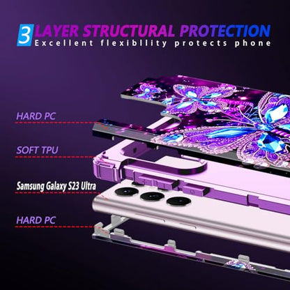 Miqala Compatible with Galaxy S23 Ultra 5G Case,Glow in The Dark Three Layer Heavy Duty Shockproof Protection Hard Plastic Bumper+Soft Silicone Case for Samsung Galaxy S23 Ultra,Dark - color: Dark Butterfly, size: Samsung Galaxy S23 Ultra,6.8 inch