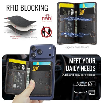 Strapurs Strong Magnetic Wallet Card Holder for MagSafe Phones and Cases, Slim PU Leather Detachable Phone Wallet with 6 Card Slots RFID Blocking for iPhone 17/16/15/14/13/12/Pro/Max/Plus – Black - color: Black