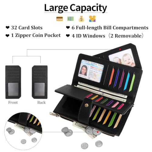 GAEKEAO Womens Wallet RFID Blocking Large Capacity Vegan Leather Card Holder Wristlet Clutch with 32 Card Slots 4 ID Windows - color: X01-Black