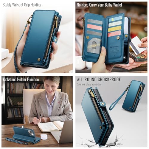 Defencase for iPhone 14 Plus Wallet Case with RFID Card Holder, Dark Blue | Durable Soft PU Leather, with Zipper Pocket, Wrist Strap, Fashion Snap Flip Phone Cases Cover with Stand for Women and Men - color: Dark Blue