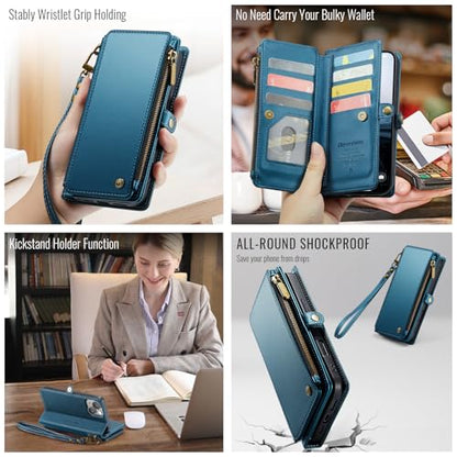 Defencase for iPhone 14 Plus Wallet Case with RFID Card Holder, Dark Blue | Durable Soft PU Leather, with Zipper Pocket, Wrist Strap, Fashion Snap Flip Phone Cases Cover with Stand for Women and Men - color: Dark Blue