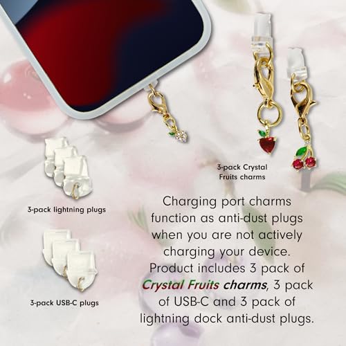 Sonix Dust Plugs - USB C + Lightning Compatible - Fruit Gemstone Charging Port Charms (3 Pack) - Crystal Fruits - Strawberry, Grape, Cherry - color: Crystal Fruits