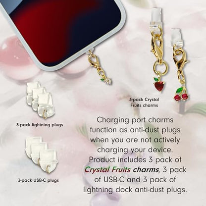 Sonix Dust Plugs - USB C + Lightning Compatible - Fruit Gemstone Charging Port Charms (3 Pack) - Crystal Fruits - Strawberry, Grape, Cherry - color: Crystal Fruits