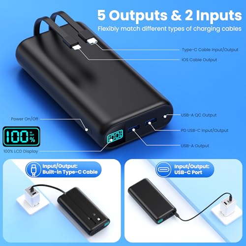 Portable Charger 40,800mAh Power Bank with Built-in Cables,5 USB Output Battery Pack Backup,25W PD USB C Phone Charging Travel Essential Outdoor for iPhone 17/16/15/14 Pro,Android Galaxy Pixel Nexus