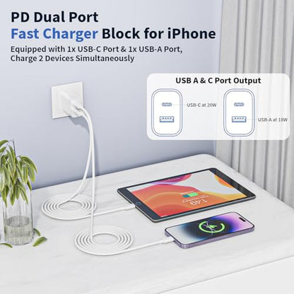 10FT iPhone Lightning Cable[Apple MFi Certified]2Pack 20W Apple Lightning Charger Dual Port USBA+C Charge Block with 10FT iPhone Fast Charging Woven Cable Cord for iPhone14/13/12/11/XS/XR/X/8/7/SE2022
