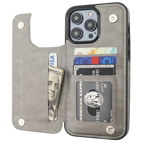 ONETOP for iPhone 15 Pro Max Wallet Case with Credit Card Holder,Gray | Kickstand,ID/Cash Holder,Case Wallet with Card Slots,Double Magnetic Clasp,Durable PU Leather Shockproof Cover for Women Men - color: Gray