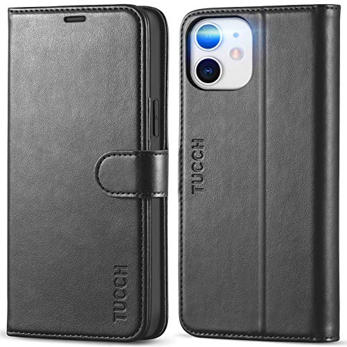TUCCH Wallet Case for iPhone 12 Pro/iPhone 12 (6.1"), 3 Card Holders, Black | RFID Blocking, Viewing Stand, Shockproof TPU Shell, PU Leather, Magnetic Closure, Protective Folio Flip Cover - color: Black