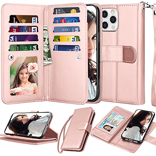 NJJEX iPhone 13 Mini Wallet Case, 9 Card Slots, Rose Gold | PU leather, ID Credit Card Holder, detachable folio flip, magnetic cover, kickstand, lanyard included - color: Rose Gold