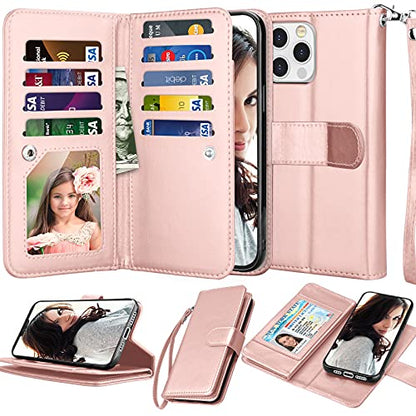 NJJEX iPhone 13 Mini Wallet Case, 9 Card Slots, Rose Gold | PU leather, ID Credit Card Holder, detachable folio flip, magnetic cover, kickstand, lanyard included - color: Rose Gold