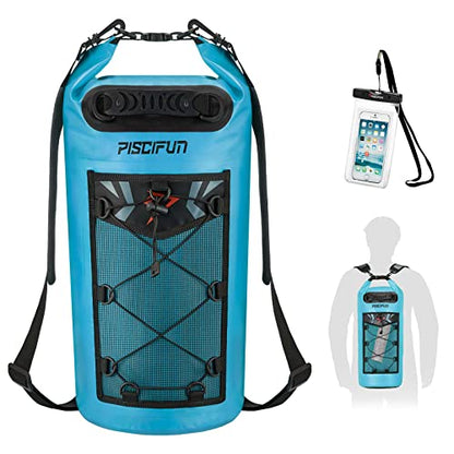 Piscifun Dry Bag, Waterproof Floating Backpack 10L/20L/30L/40L | Waterproof Phone Case, Adjustable shoulder straps, Roll-top closure keeps gear dry, Ideal for Boating, Kayaking, Fishing - color: Light Blue, style: 30l
