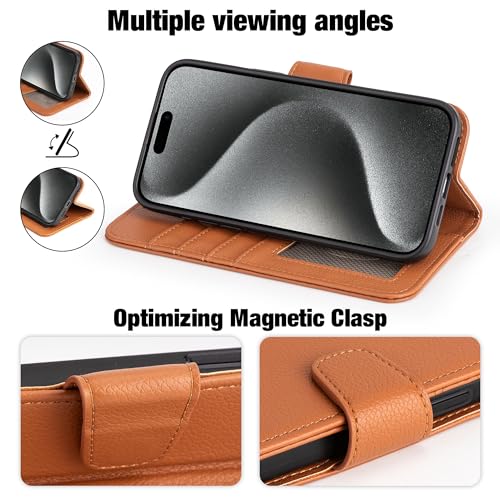 Arae Compatible with iPhone 15 Pro Max Case with Card Holder and Wrist Strap Wallet Flip Cover for iPhone 15 Pro Max 6.7 inch Men RFID Blocking Wristlet Kickstand,Light Brown - color: Litchi Light Brown, size: iPhone 15 Pro Max 6.7 inch
