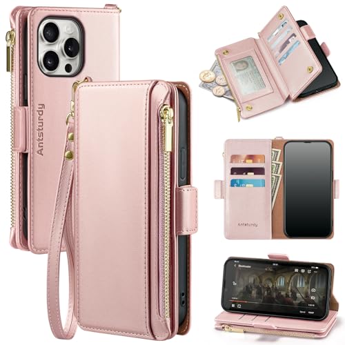Antsturdy for iPhone 13 Pro Max Phone Wallet Case Women,Rose Gold | RFID Blocking,with Credit Card Holder Slots,PU Leather Purse,Zipper Pocket,Wrist Strap Kickstand,Flip Folio Cover for Men - color: Rose Gold
