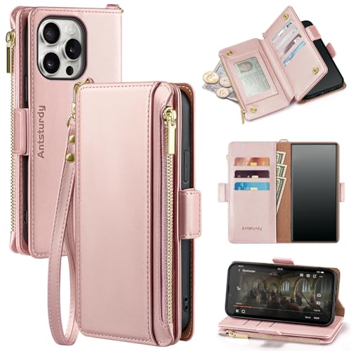 Antsturdy for iPhone 15 Pro Max Phone Wallet Case Women,Rose Gold | RFID Blocking,with Credit Card Holder Slots,PU Leather Purse,Zipper Pocket,Wrist Strap Kickstand,Flip Folio Cover for Men - color: Rose Gold