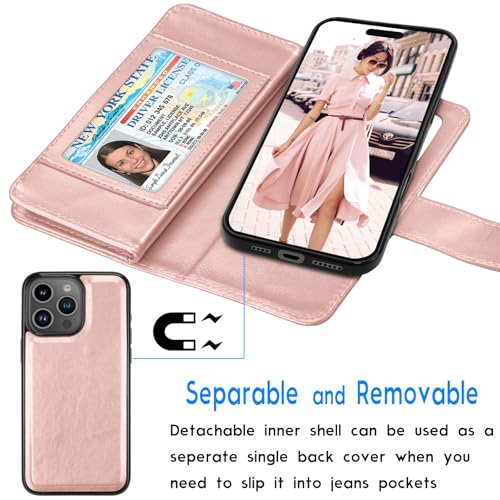 Tekcoo Wallet Case Compatible with iPhone 16 Pro (6.3 inch) 2024 Luxury ID Cash Credit Card Slots Holder Carrying Pouch Folio Flip PU Leather Cover [Detachable Magnetic Hard Case] Strap [Rose Gold] - color: Rose Gold, size: 16 Pro