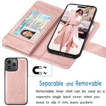 Tekcoo Wallet Case Compatible with iPhone 16 Pro Max (6.9 inch) 2024 Luxury ID Credit Card Slots Holder Carrying Pouch Folio Flip PU Leather Cover [Detachable Magnetic Hard Case] Strap [Rose Gold] - color: Rose Gold, size: 16 Pro Max